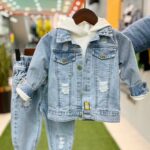 کت شلوار جین خرس کلاه دار سبز کد 595